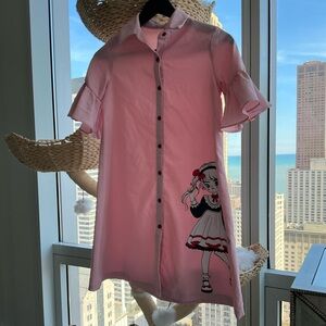 SHEIN Pink Button-Front Girls Casual Dress with Cartoon Print